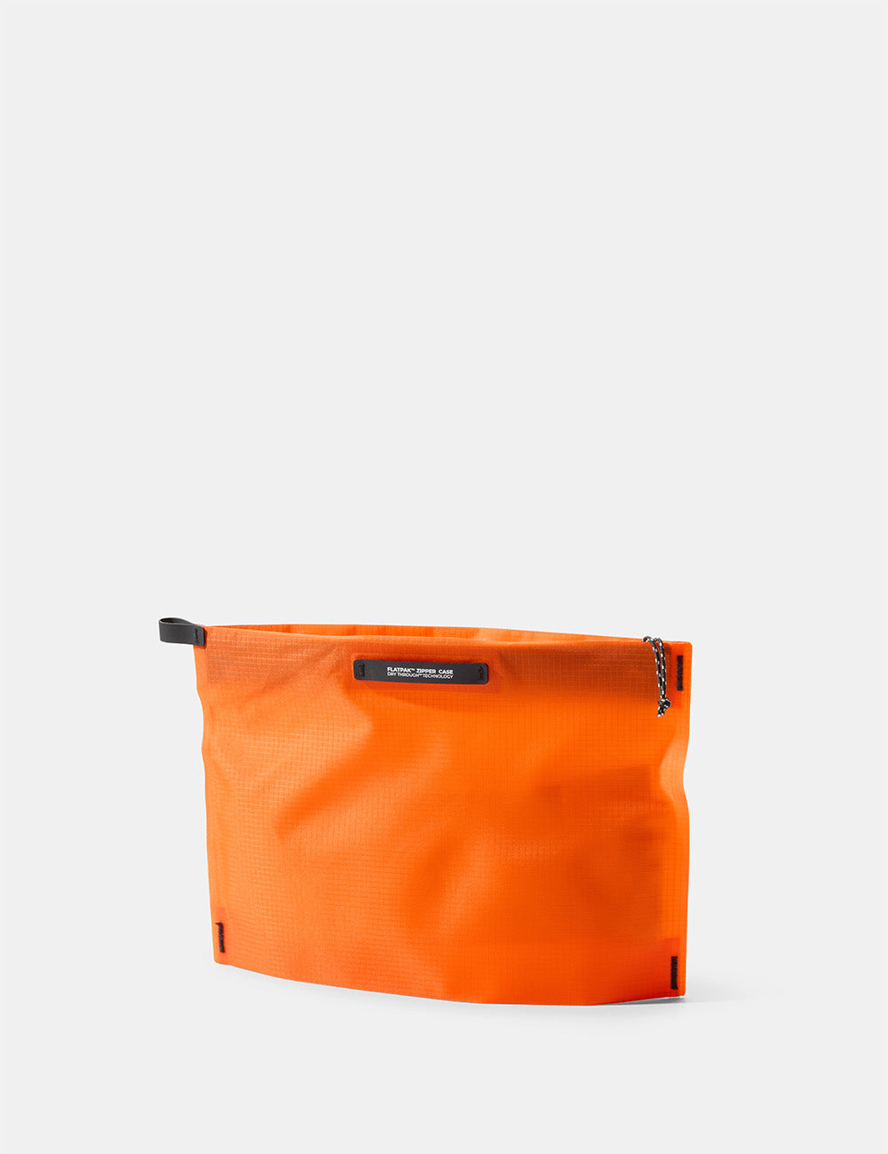 Orange zipper toiletry case on a light gray background