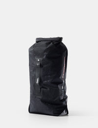 Black dry bag with a brand logo on a white background