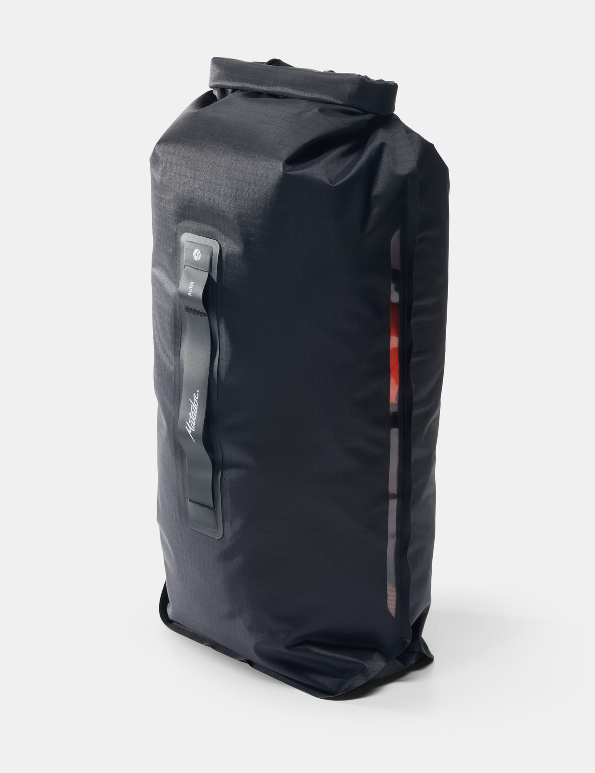 Black dry bag with a strap on a white background