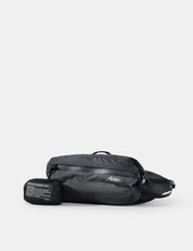 Black waist bag with visible brand logo on a white background