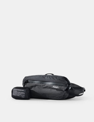 Black waist bag with visible brand logo on a white background