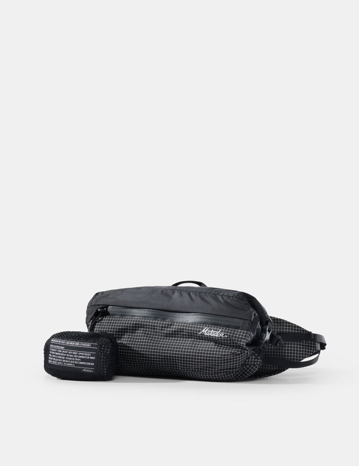 Black waist bag with visible brand logo on a white background