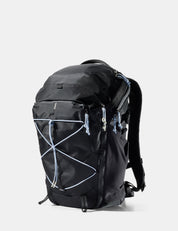 Black backpack with blue accents on a light gray background