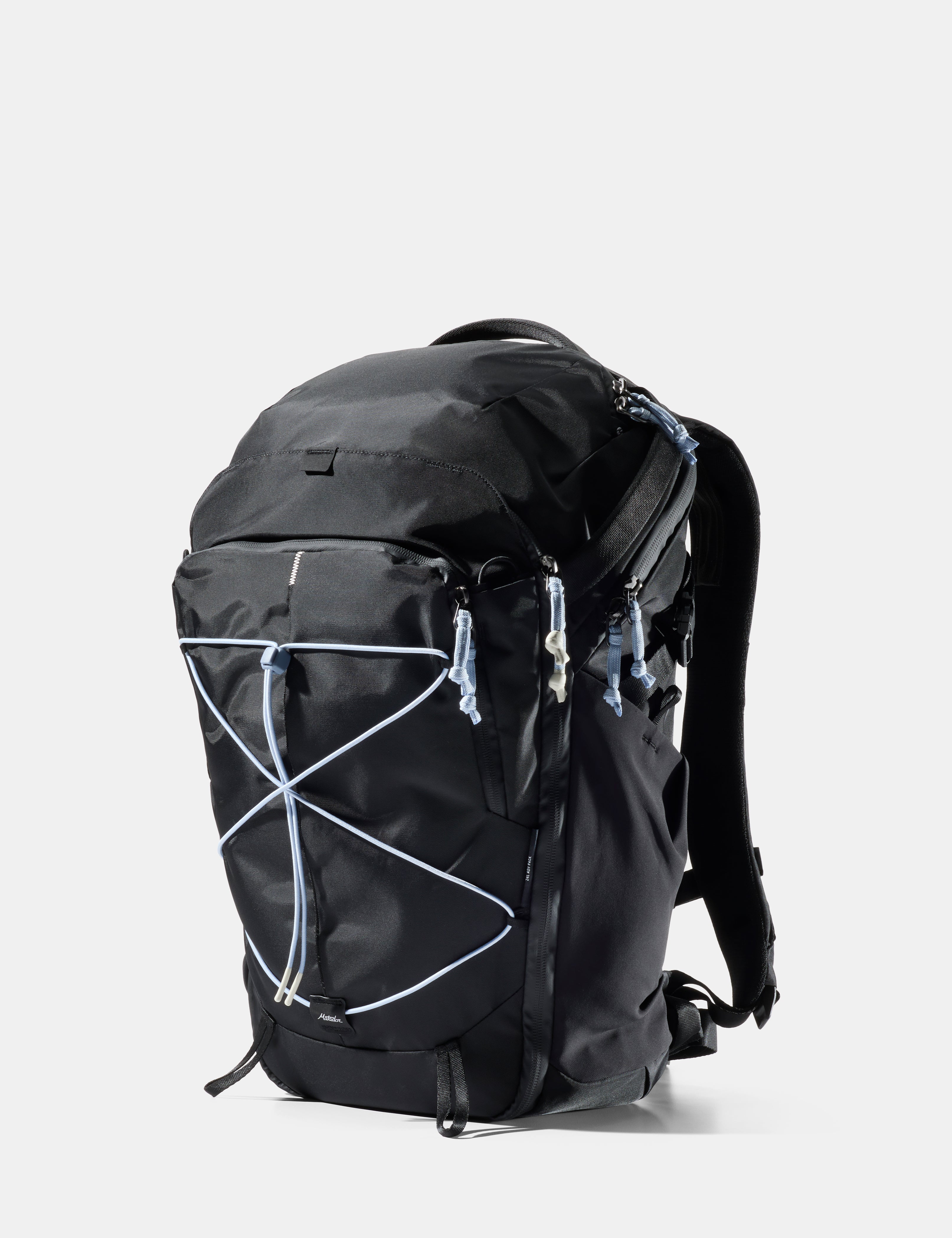 Black backpack with blue accents on a light gray background