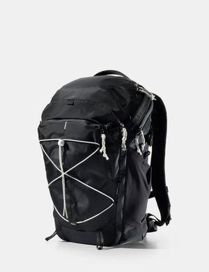 Black backpack with white accents on a light gray background