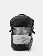 Black backpack with a gray compartment on a white background
