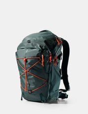 Green backpack with orange accents on a white background
