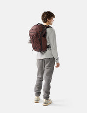 Person wearing a garnet backpack on a white background