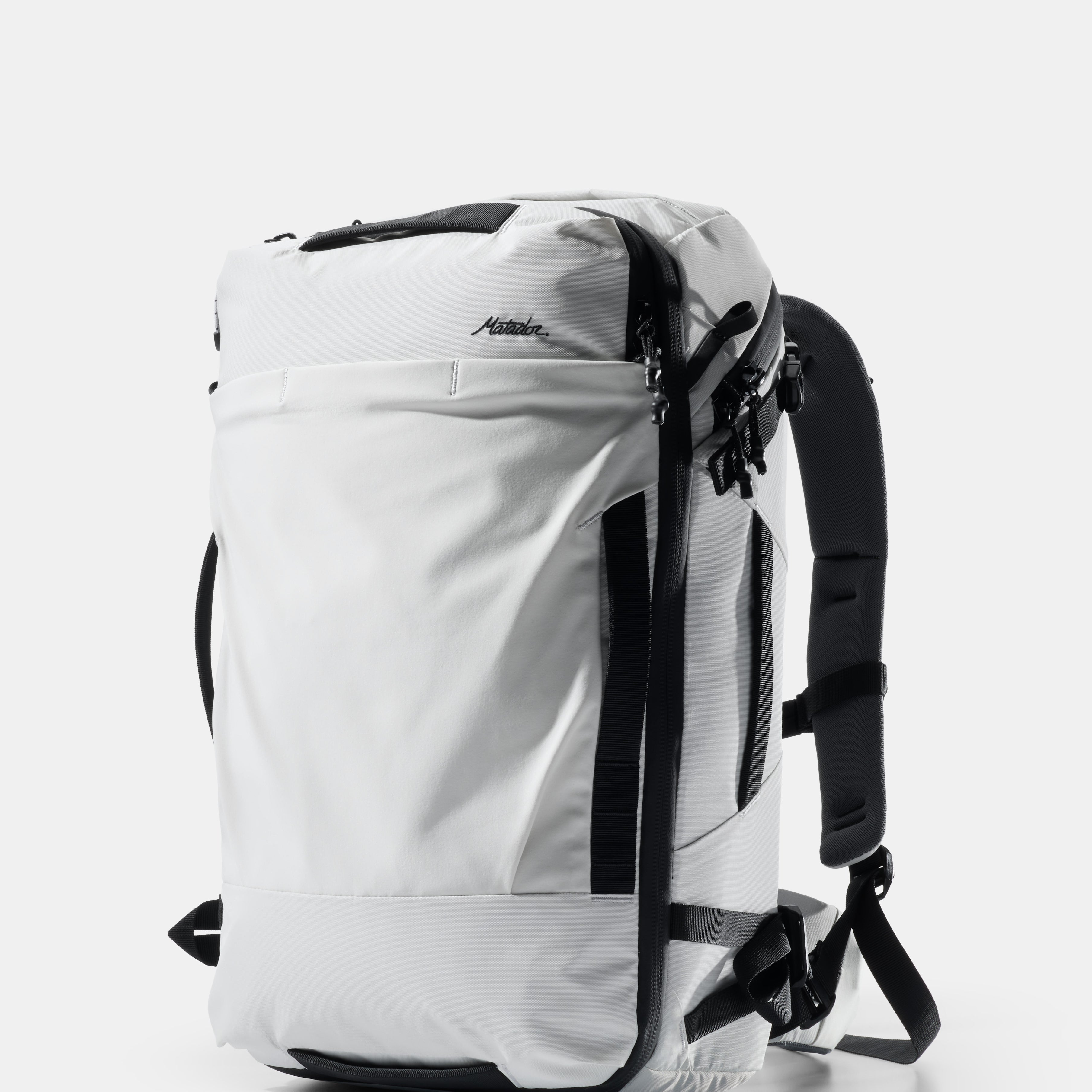 White backpack with black straps on a white background