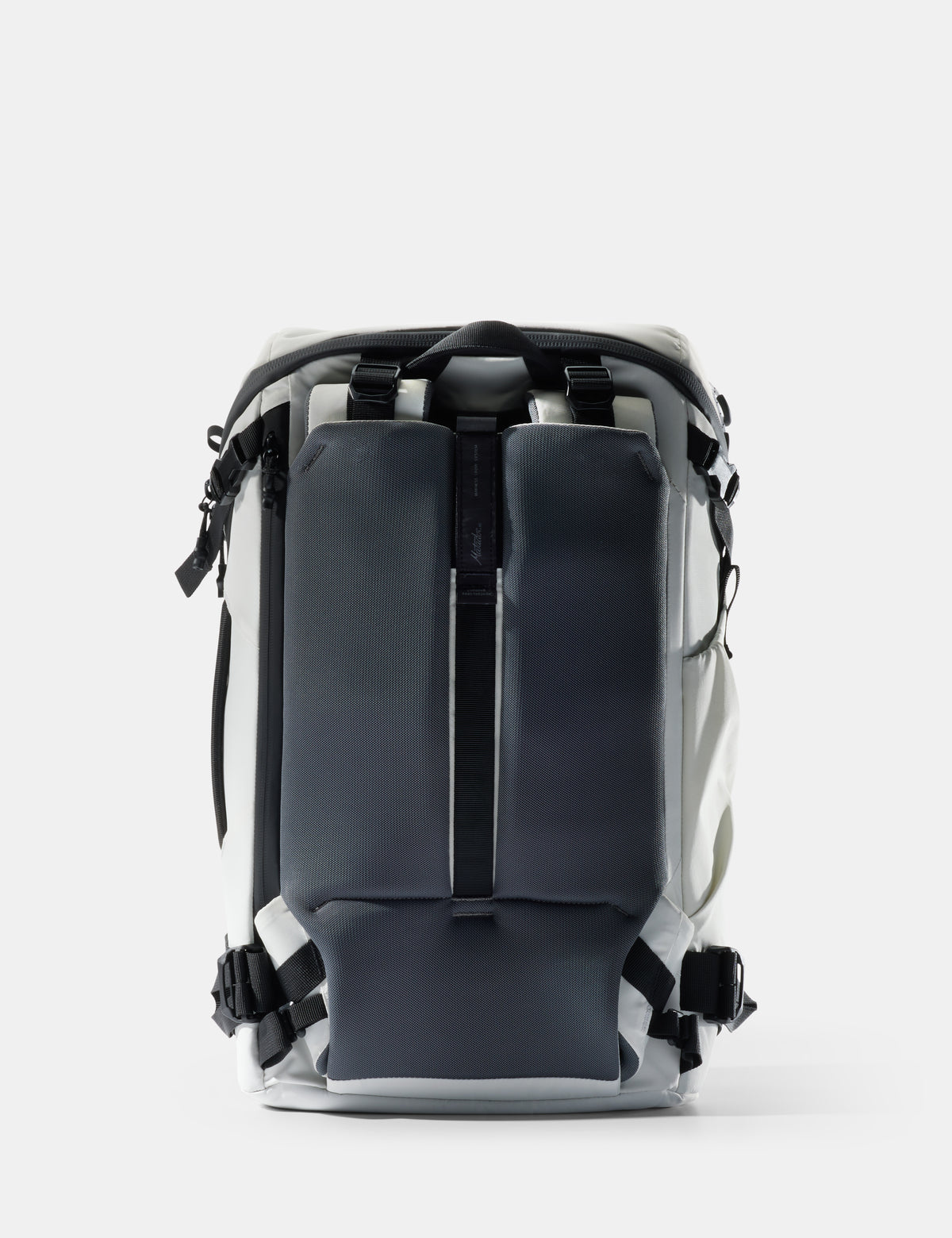 Back view of a gray backpack on a white background