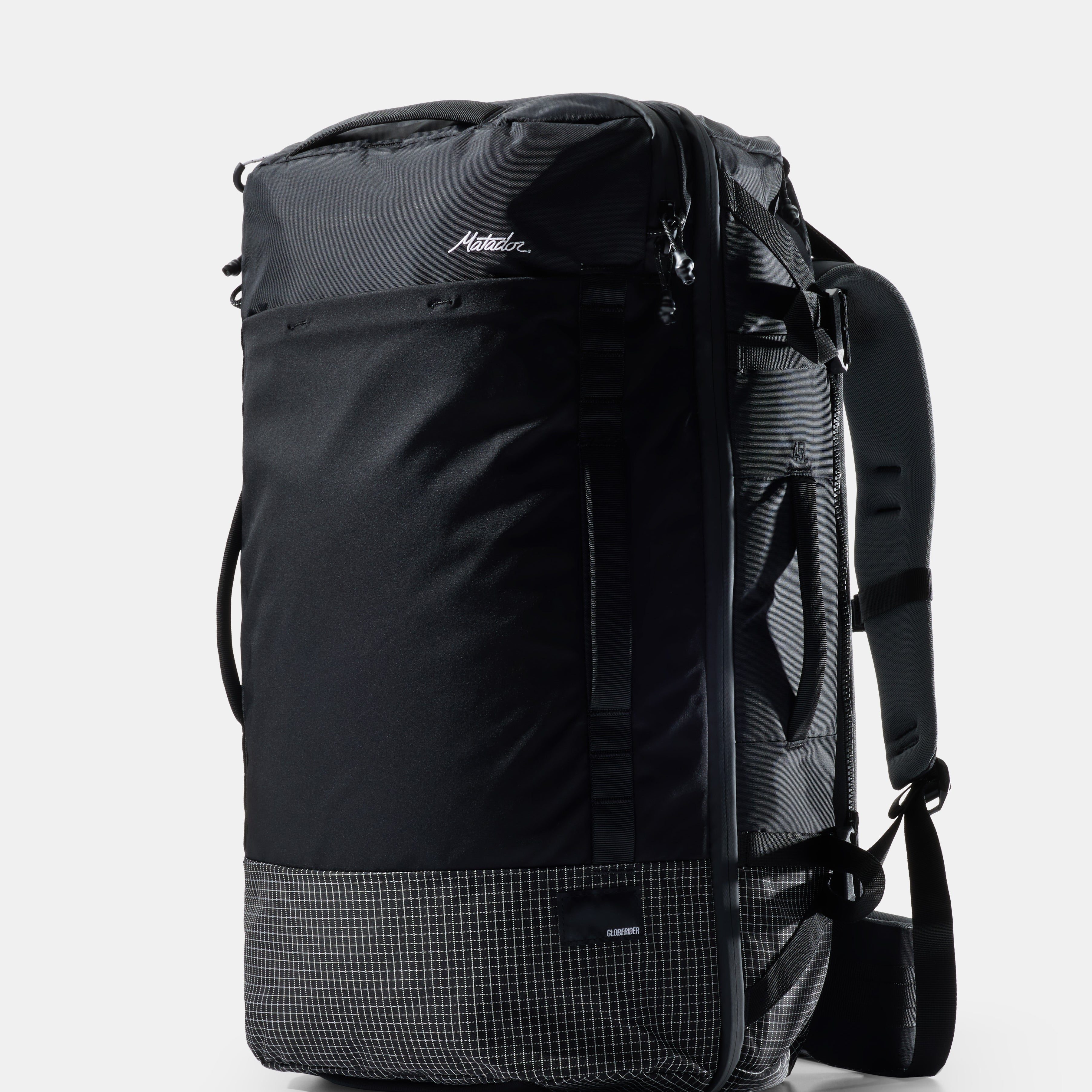 Black travel backpack on a light gray background
