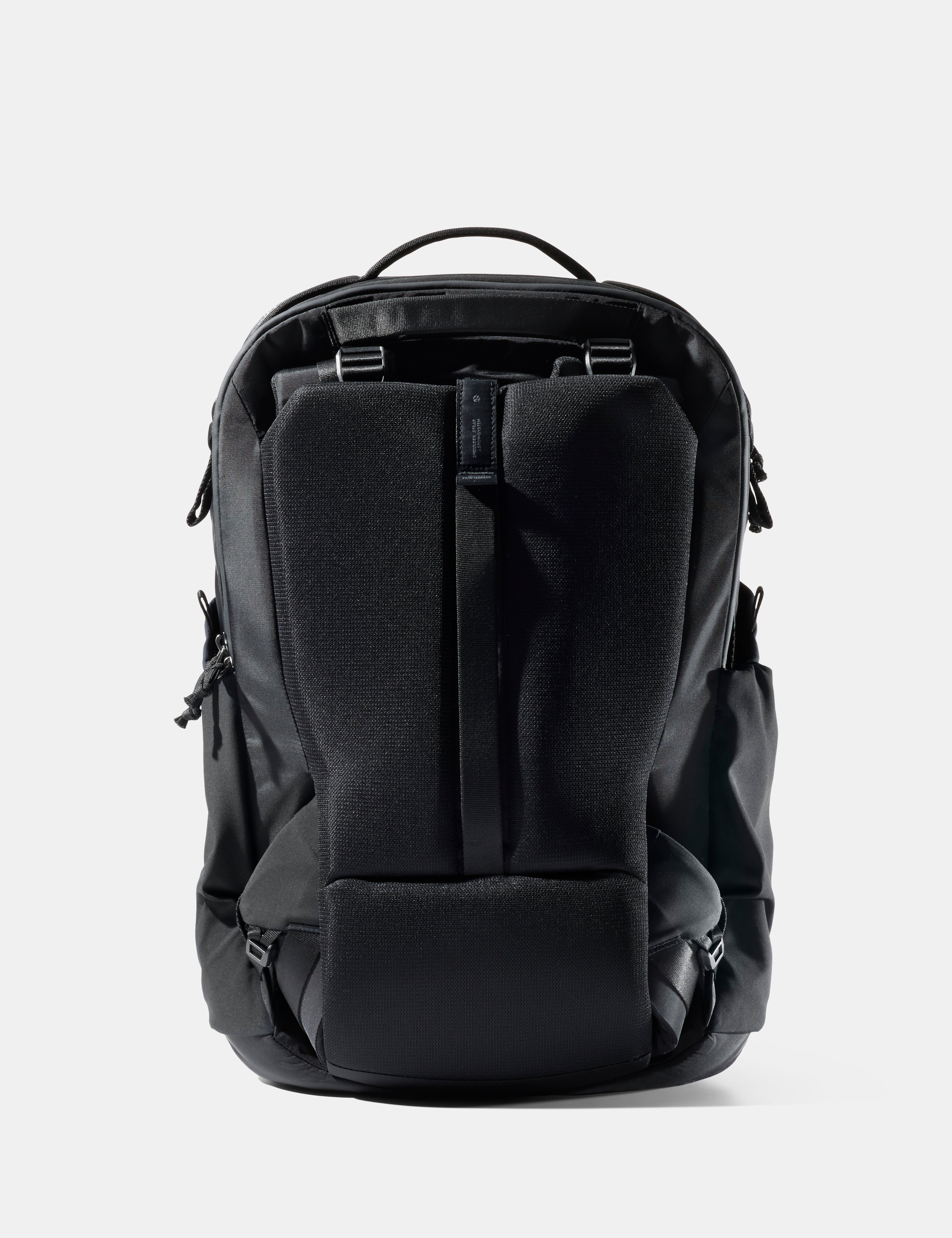 Black backpack on a light gray background
