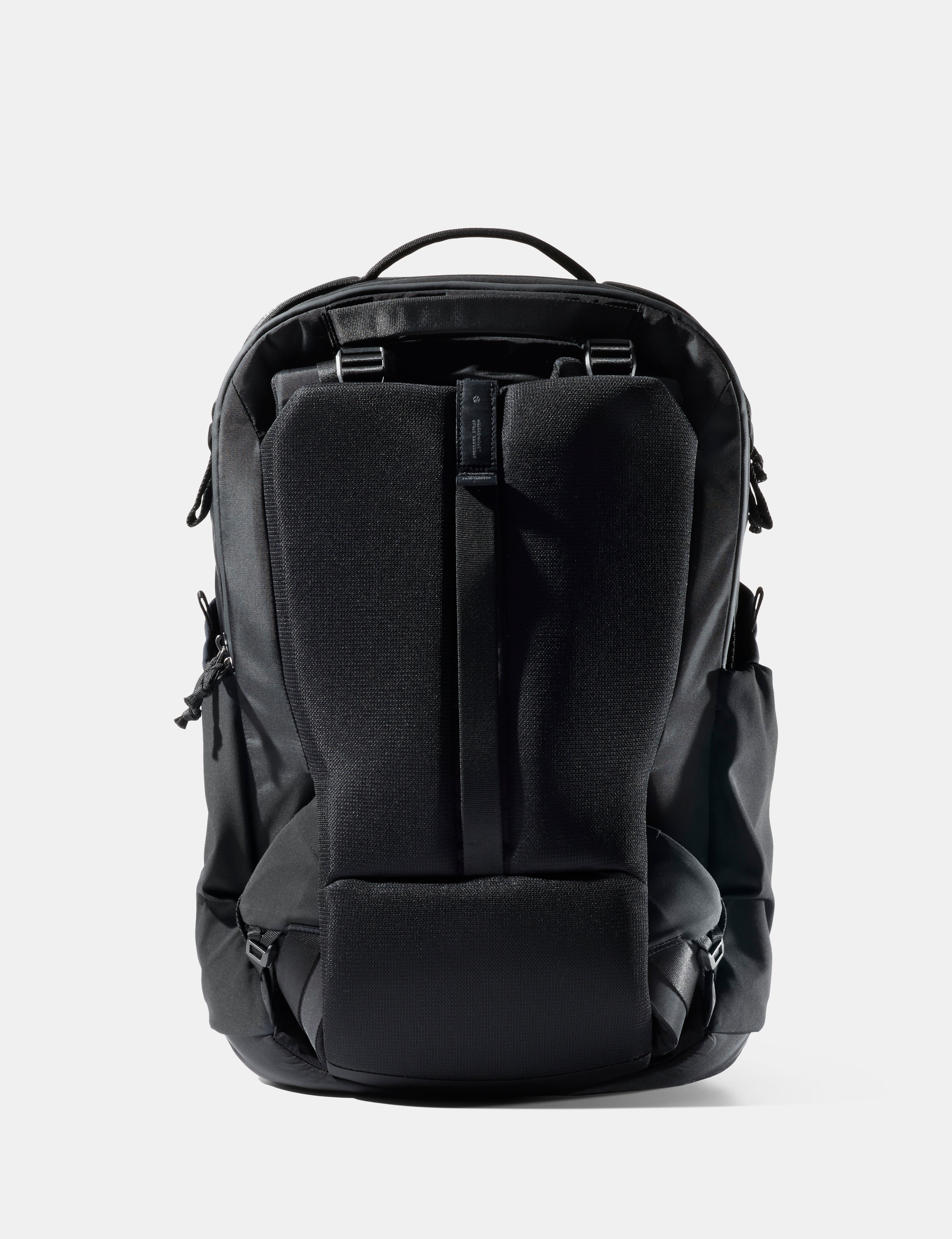 Black backpack on a light gray background