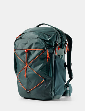 Green backpack with orange accents on a white background