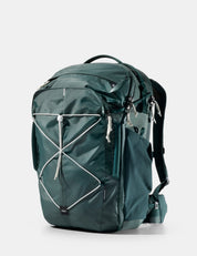 Green backpack on a white background