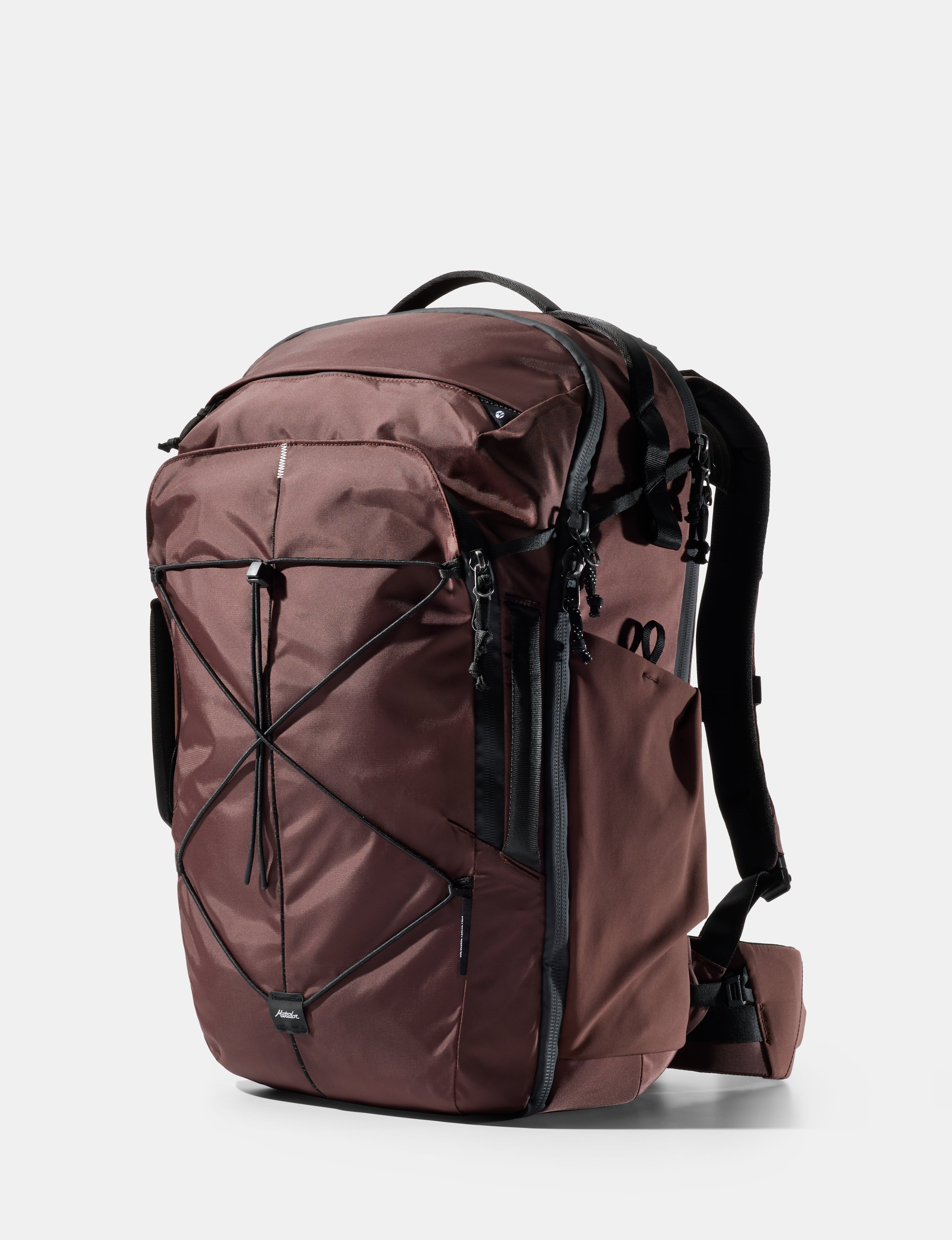 garnet backpack with black straps on a white background