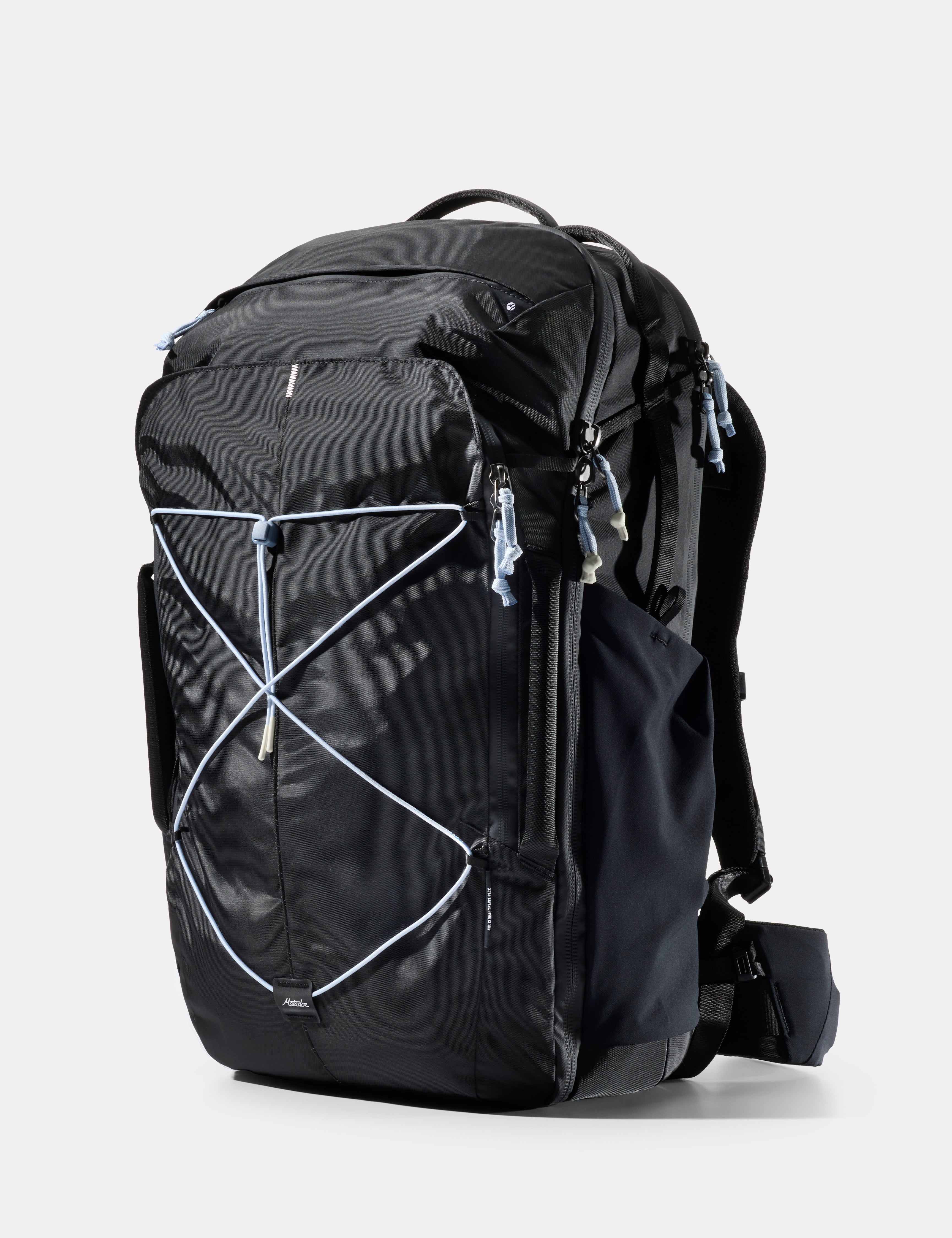 black bag with light blue cord and pullers on white background