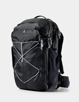 black bag with light blue cord and pullers on white background