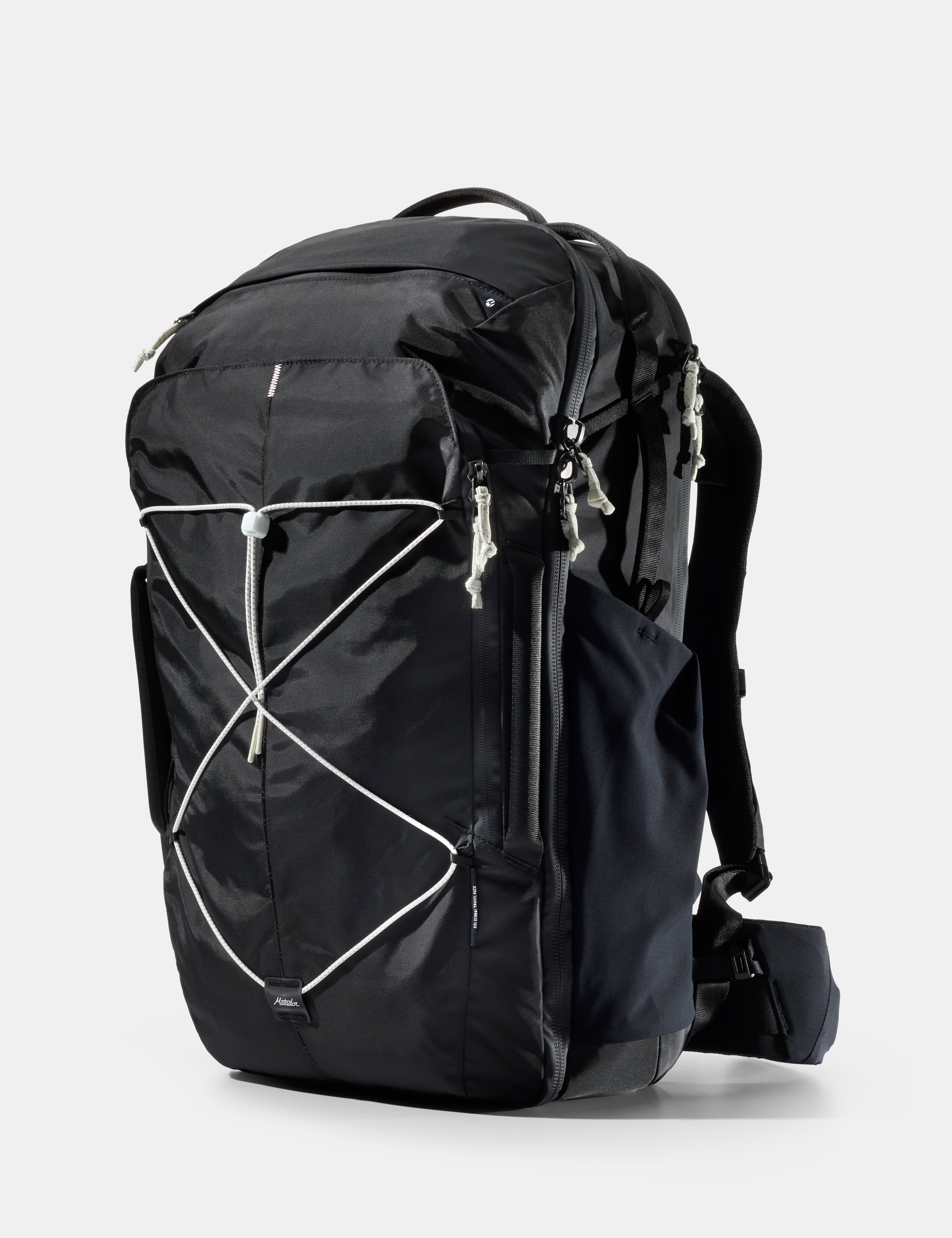 black bag with white cord and pullers