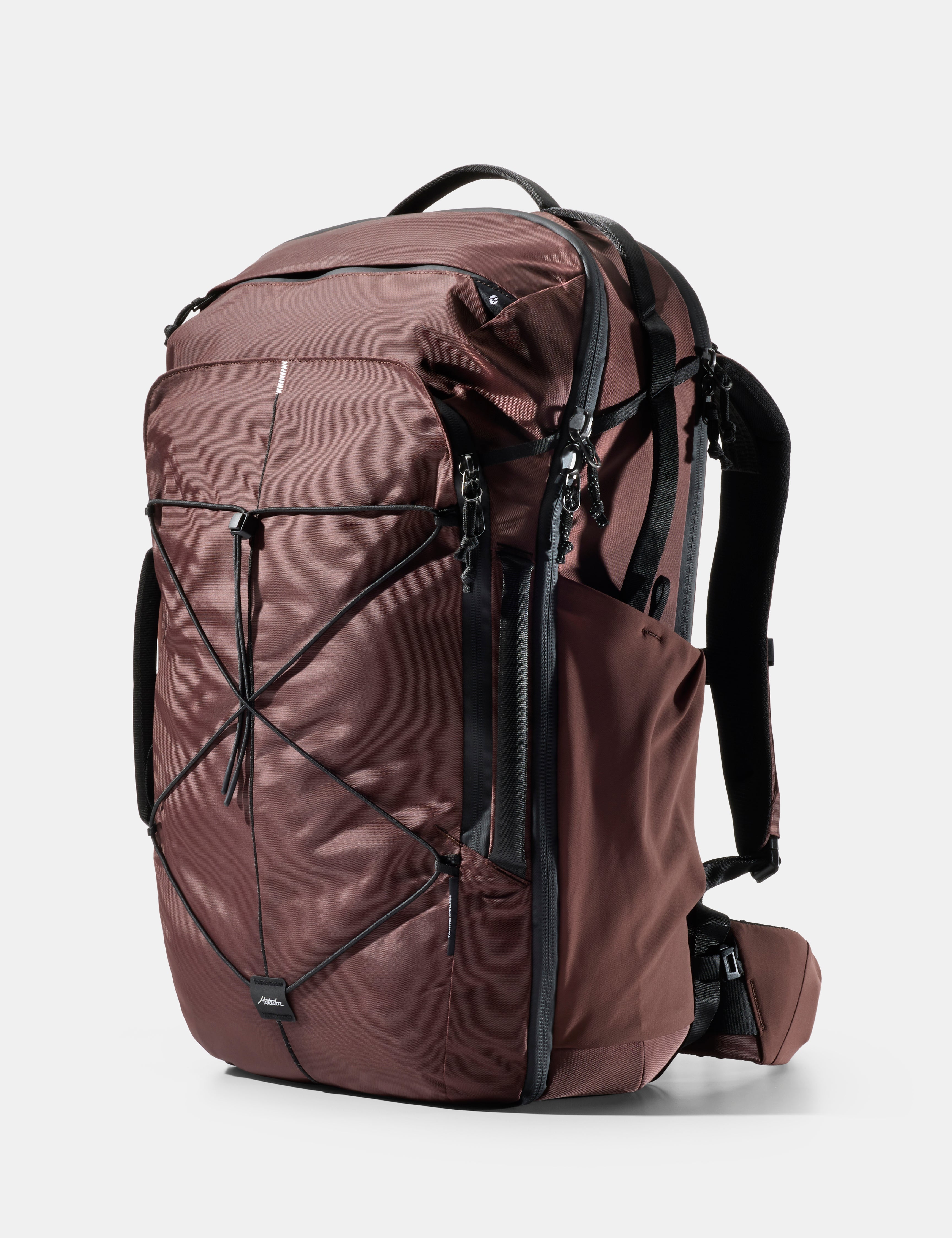 garnet backpack with black straps on a white background