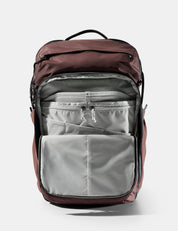 garnet and gray backpack with open front compartment on a white background