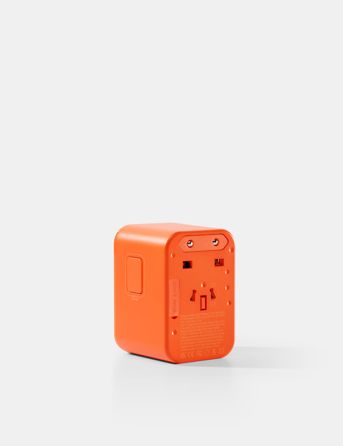Orange power adapter on a white background