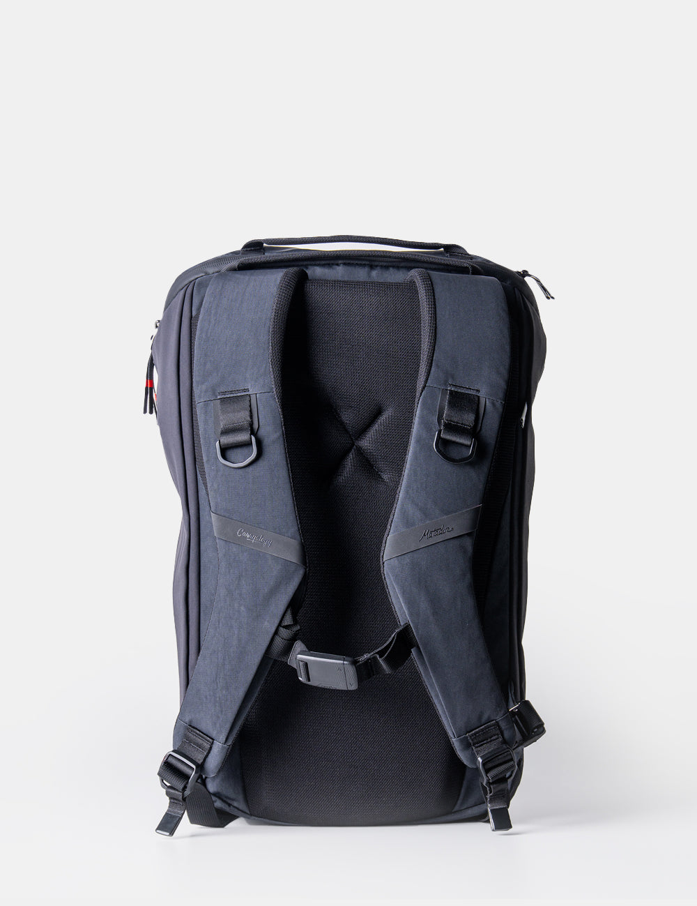 straps of black backpack on white background