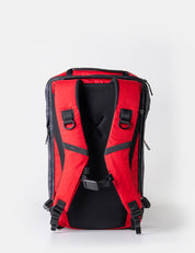 red backpack straps on white background