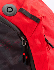 detail shot of red backpack hardwared