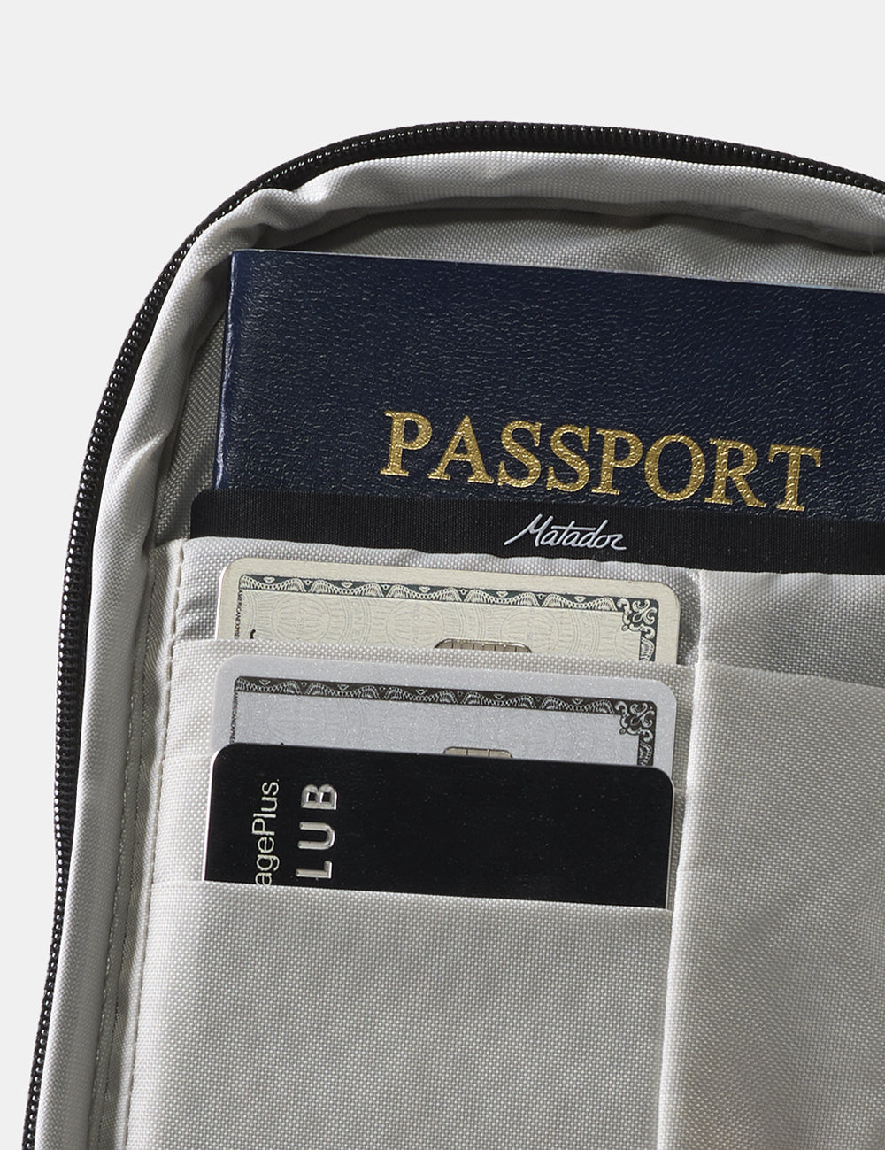 Passport and credit cards in wallet pockets