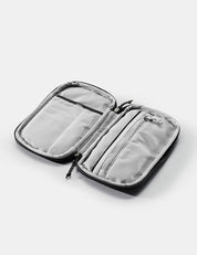 open travel wallet on white background with empty pockets and zipper
