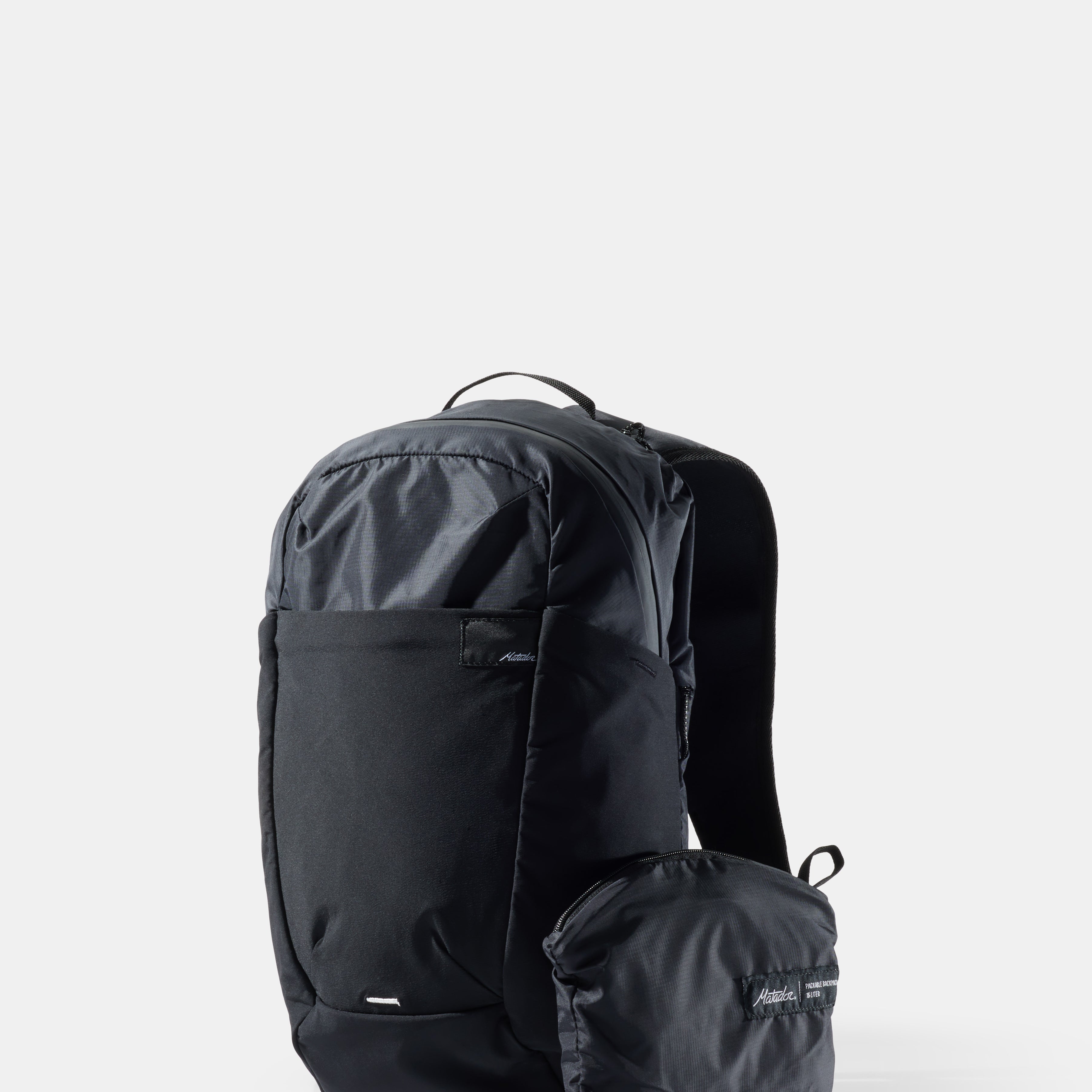 Black backpack with a smaller black pouch on a white background