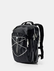 Black backpack with white accents on a light gray background