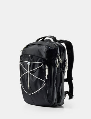 Black backpack with white accents on a light gray background