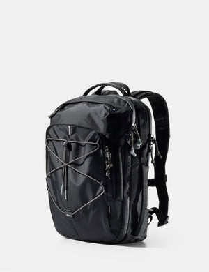 Black backpack on a light gray background