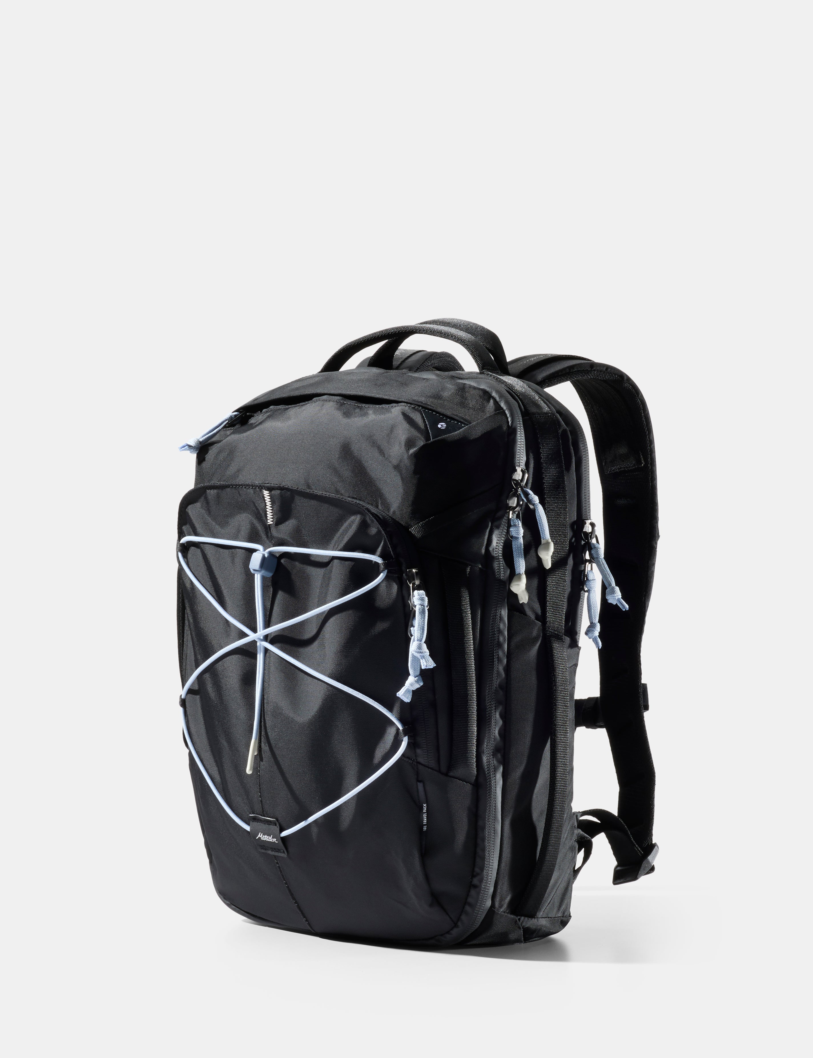 Black backpack with blue accents on a light gray background