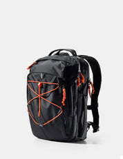Black backpack with orange accents on a white background