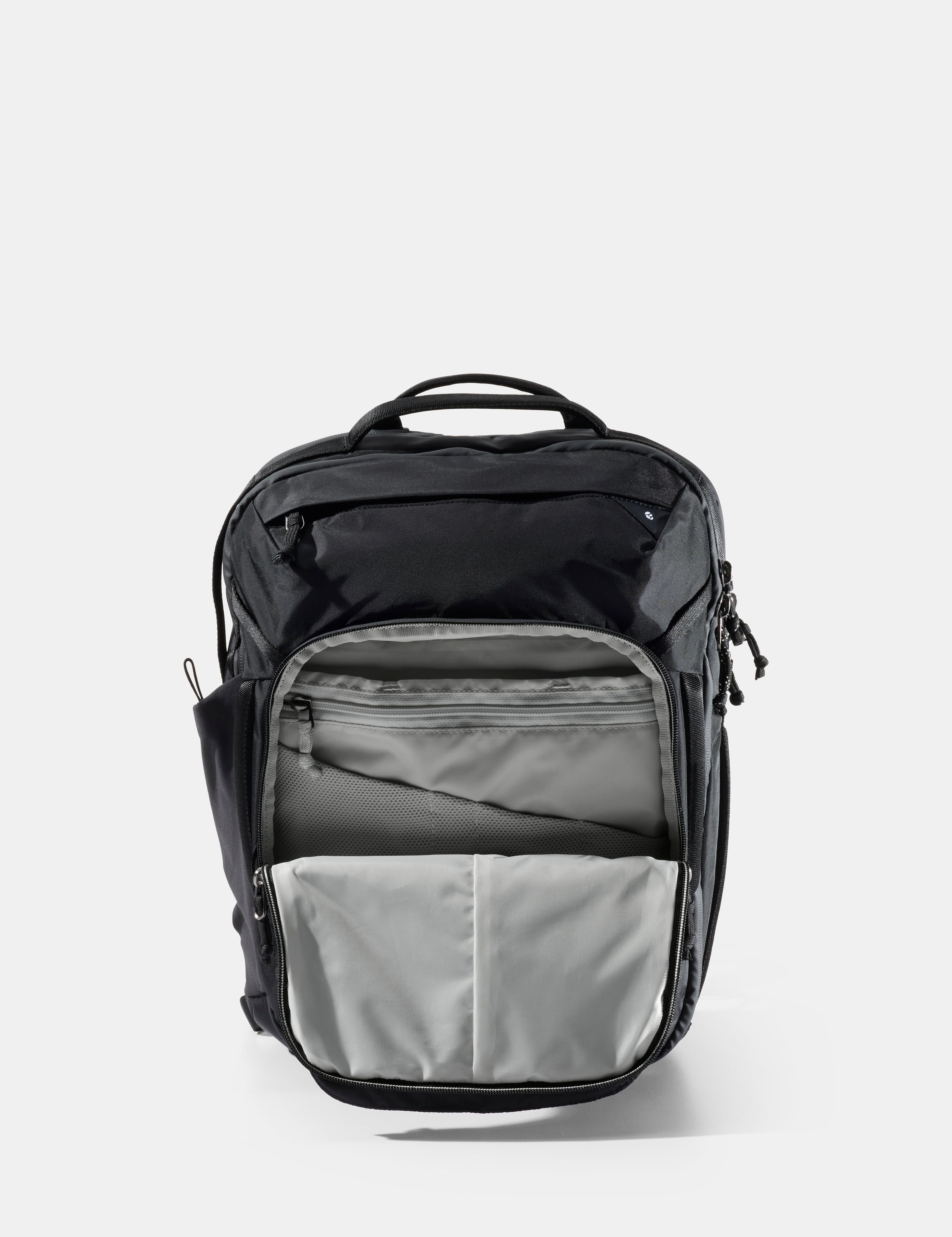 Black and gray backpack on a white background