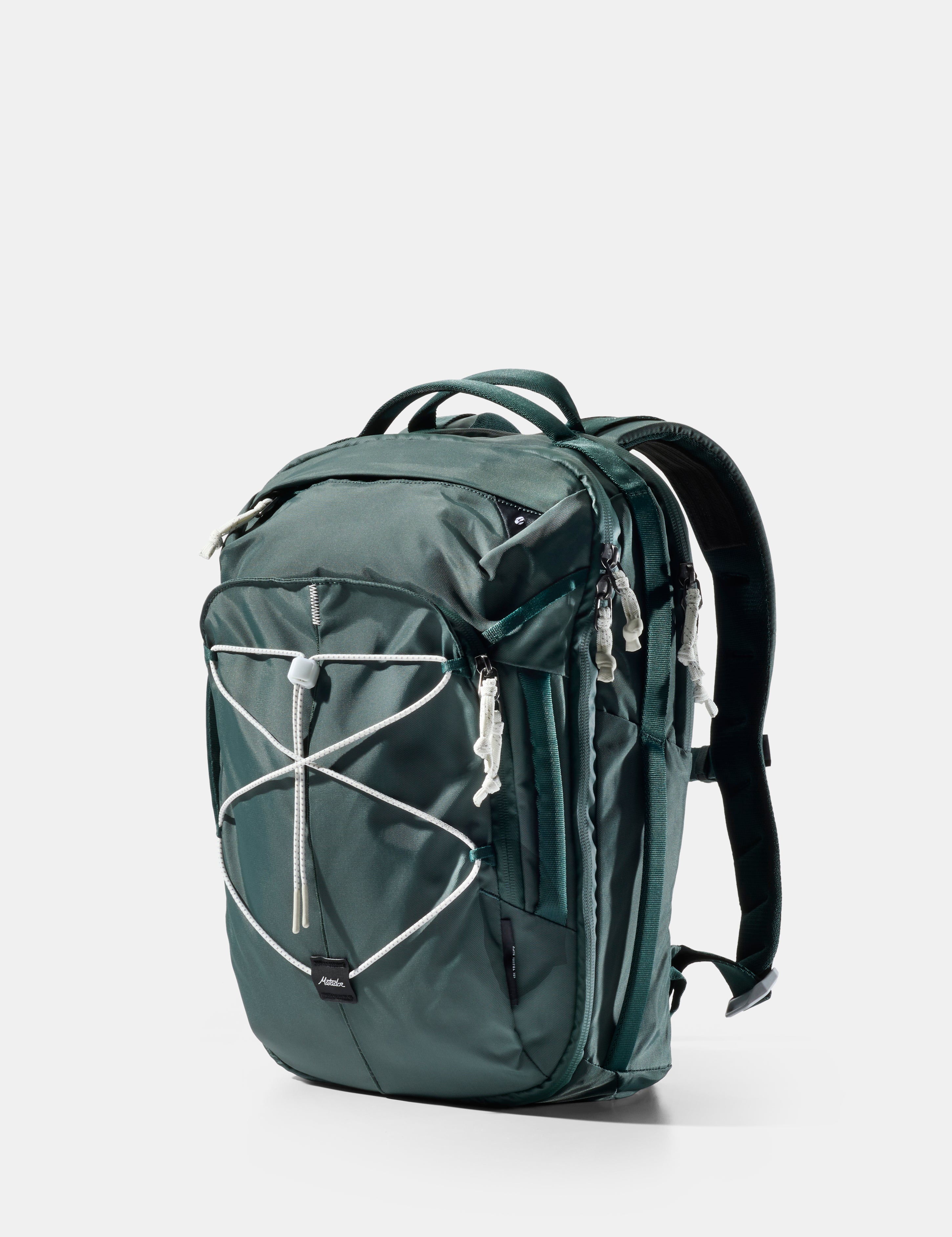 Green backpack with white accents on a light gray background