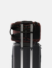 Backpack attached to a suitcase on a light gray background