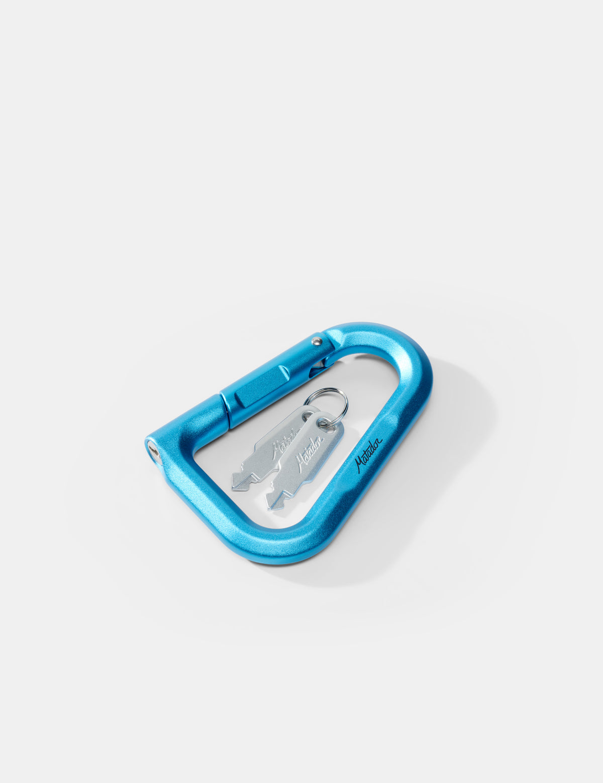 Blue carabiner with keys on a white background
