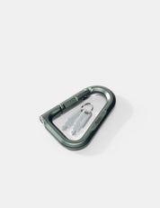 Green carabiner with keys on a white background