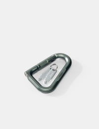 Green carabiner with keys on a white background
