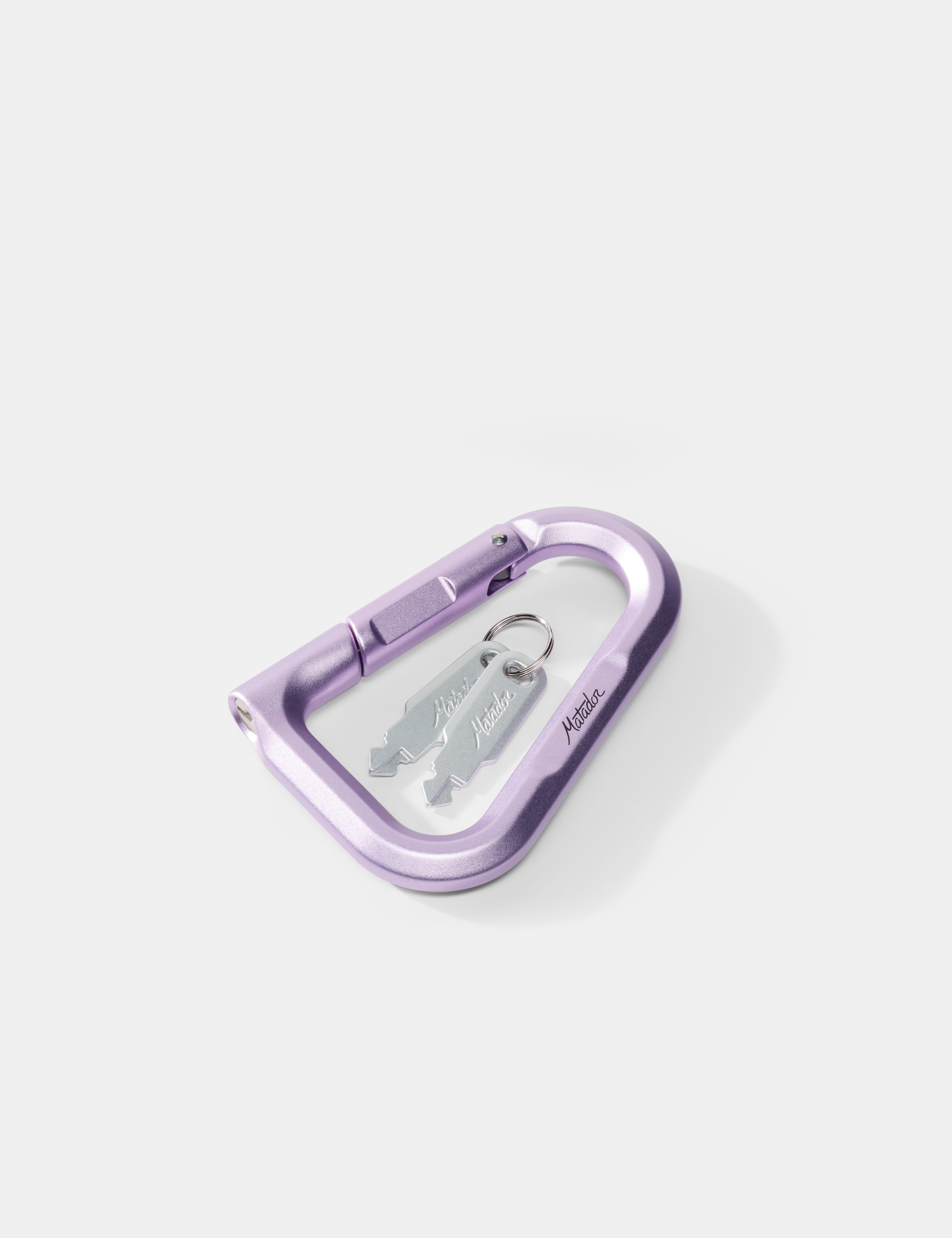 Purple carabiner with keys on a white background