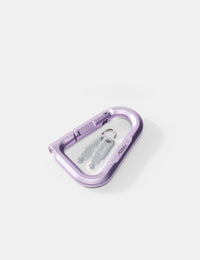 Purple carabiner with keys on a white background