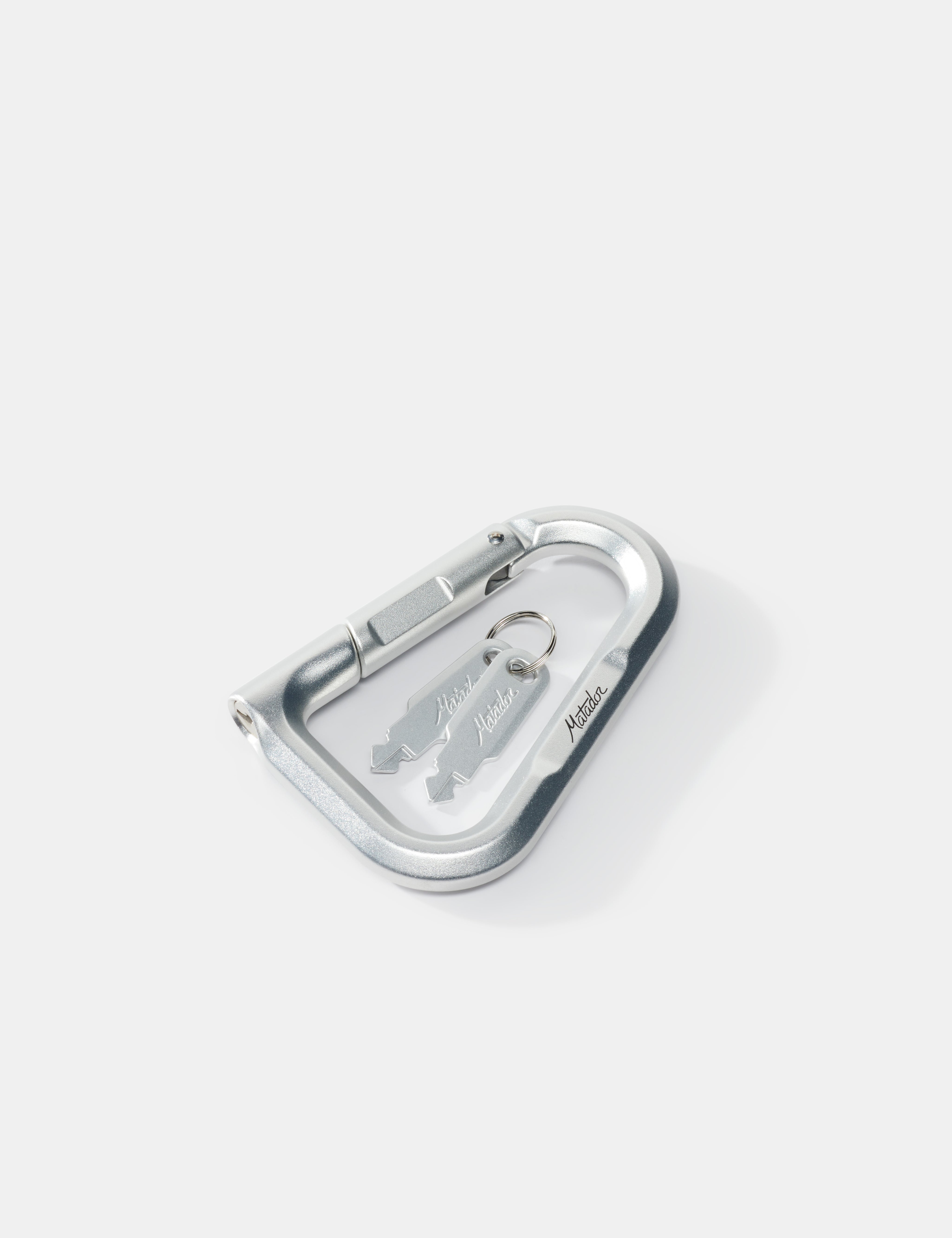 Metallic carabiner with keys on a white background