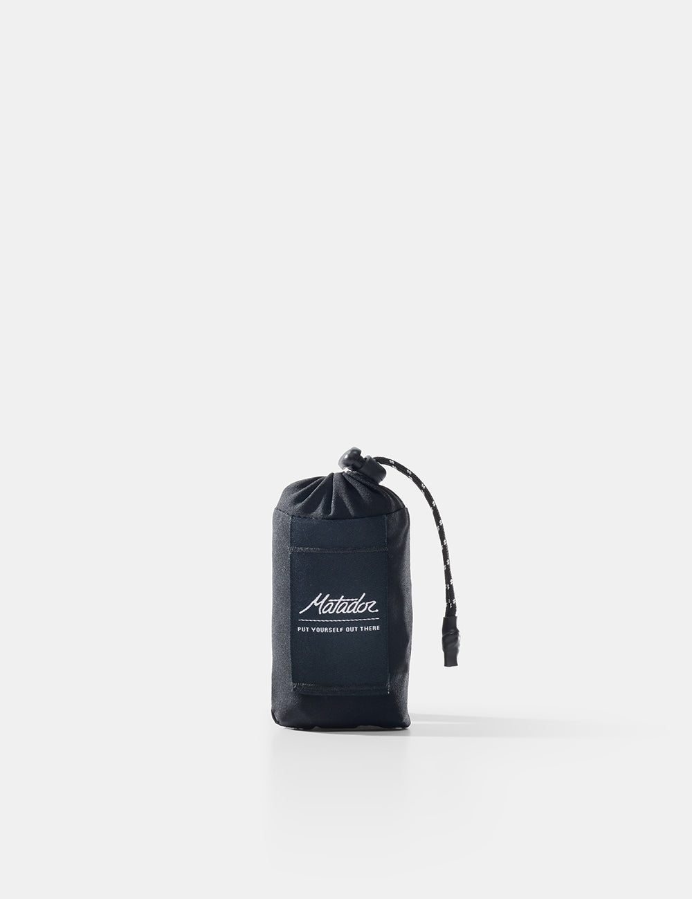 Black drawstring pouch with brand logo on a white background
