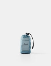 Blue drawstring pouch with brand logo on a white background