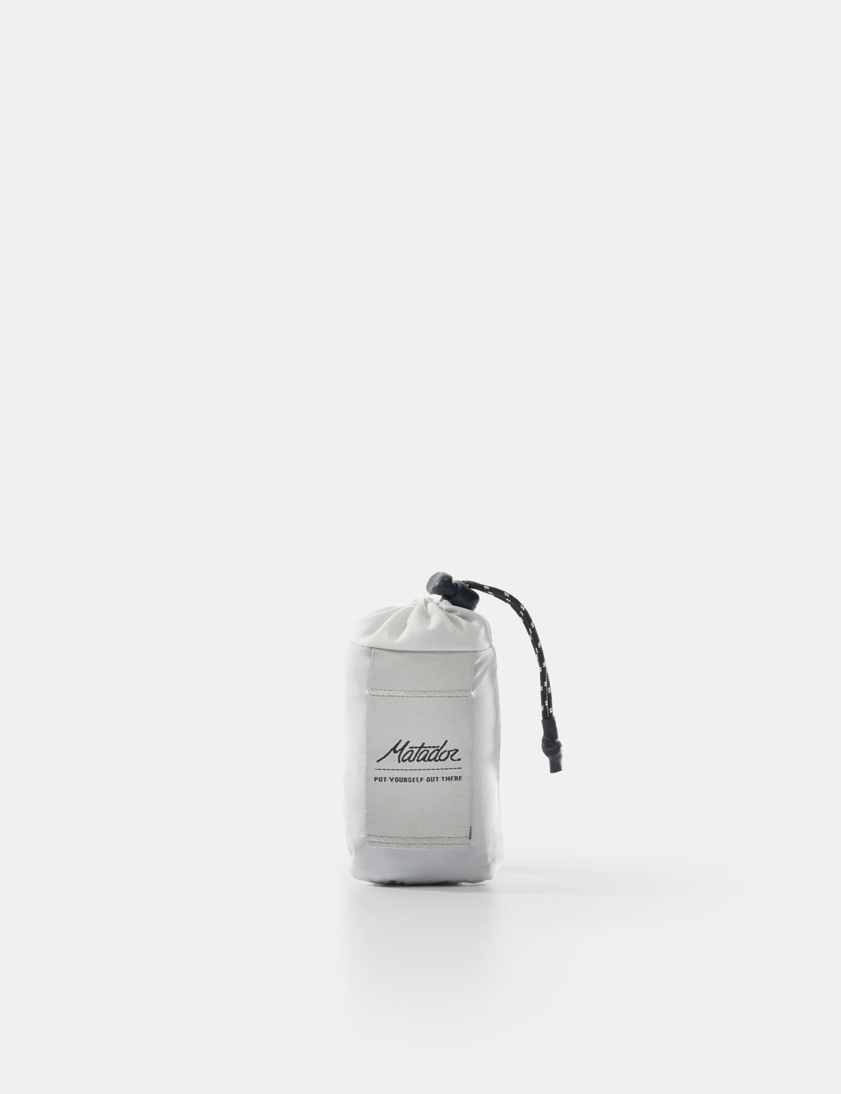 White drawstring bag with black branding on a white background