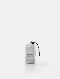 White drawstring bag with black branding on a white background